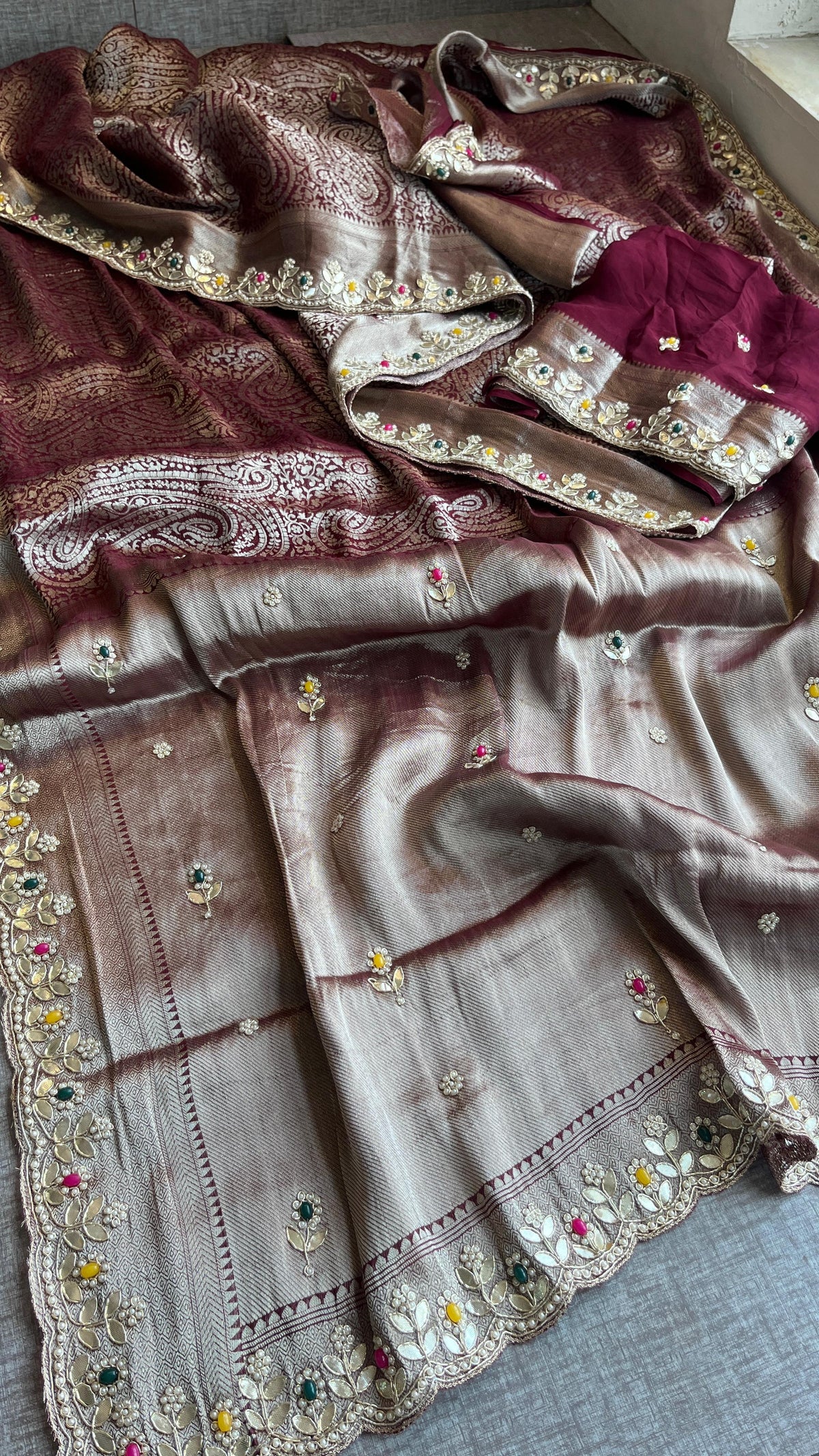 Khaddi Georgette Banarasi Silk Saree with Zardozi & Gotapatti Detailing