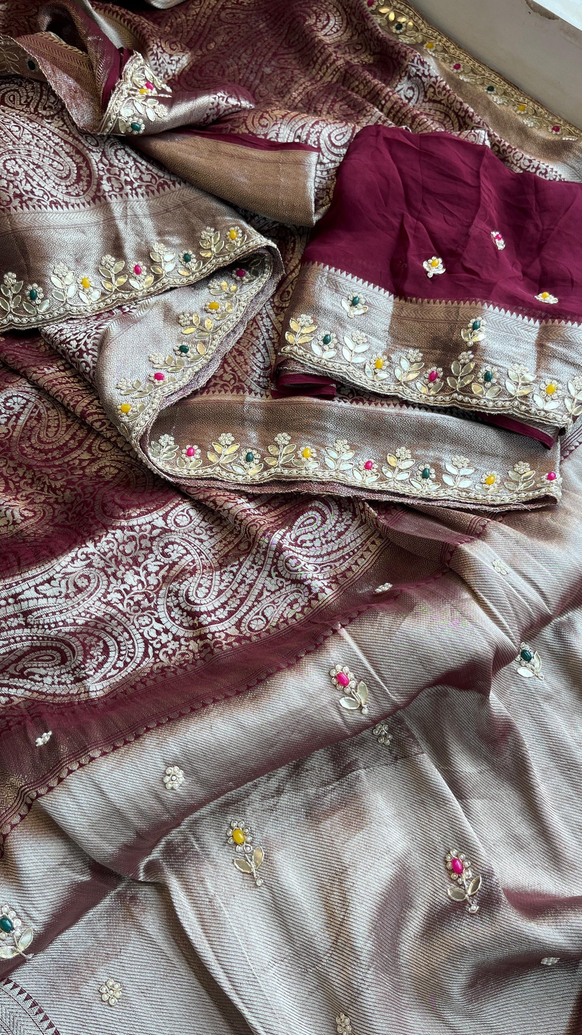Khaddi Georgette Banarasi Silk Saree with Zardozi & Gotapatti Detailing