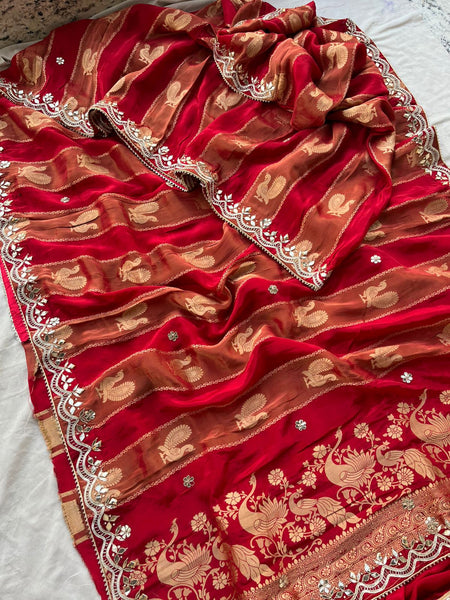 Pure Cosmo Silk Banarasi Wedding Saree with Gotta Patti & Pearl Work