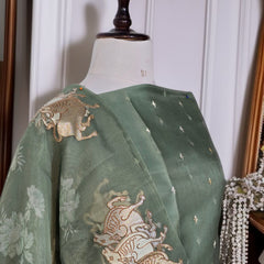 Pure Organza Silk Triple Bail Embroidered Suit with Printed Dupatta