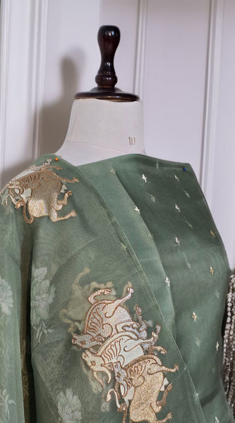Pure Organza Silk Triple Bail Embroidered Suit with Printed Dupatta