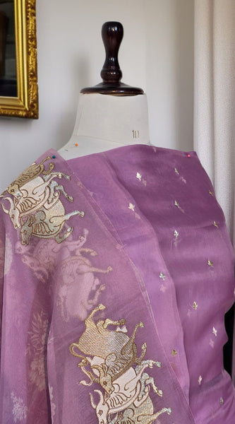 Pure Organza Silk Triple Bail Embroidered Suit with Printed Dupatta