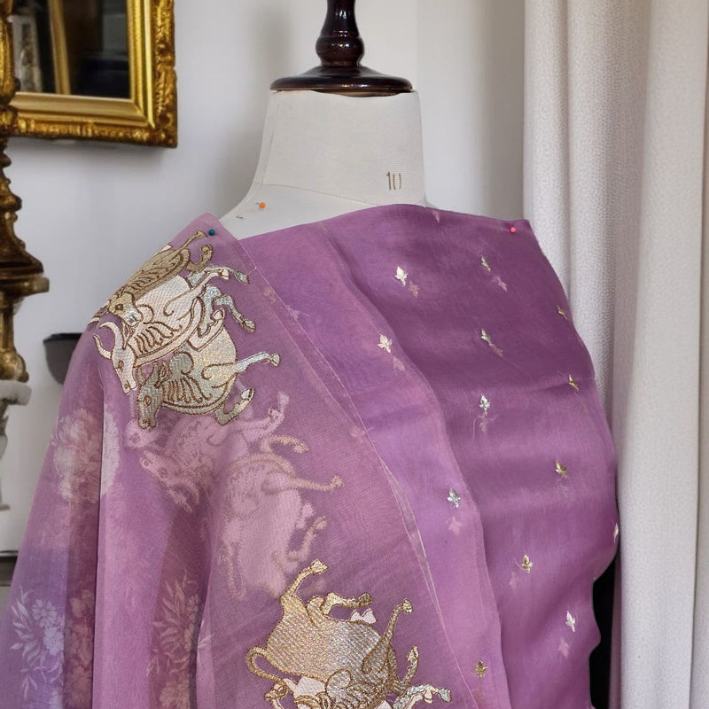 Pure Organza Silk Triple Bail Embroidered Suit with Printed Dupatta