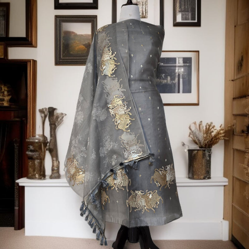 Pure Organza Silk Triple Bail Embroidered Suit with Printed Dupatta