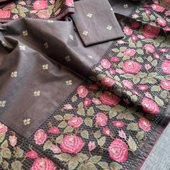Pure Tussar Silk Saree with Multi-Thread Embroidery