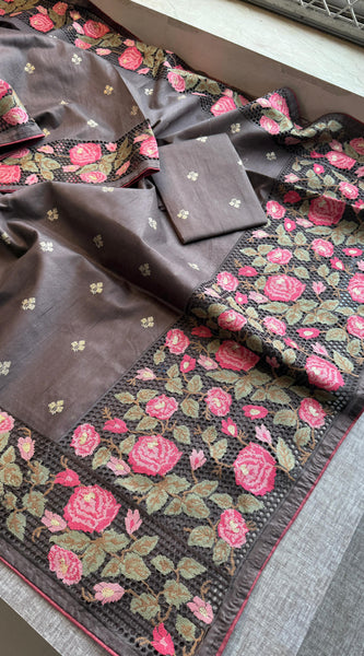 Pure Tussar Silk Saree with Multi-Thread Embroidery