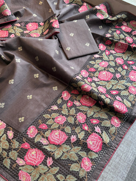 Pure Tussar Silk Saree with Multi-Thread Embroidery