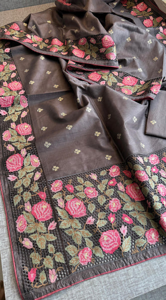 Pure Tussar Silk Saree with Multi-Thread Embroidery
