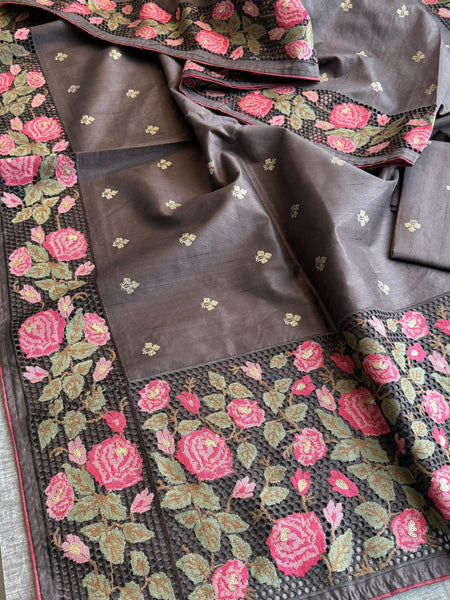 Pure Tussar Silk Saree with Multi-Thread Embroidery