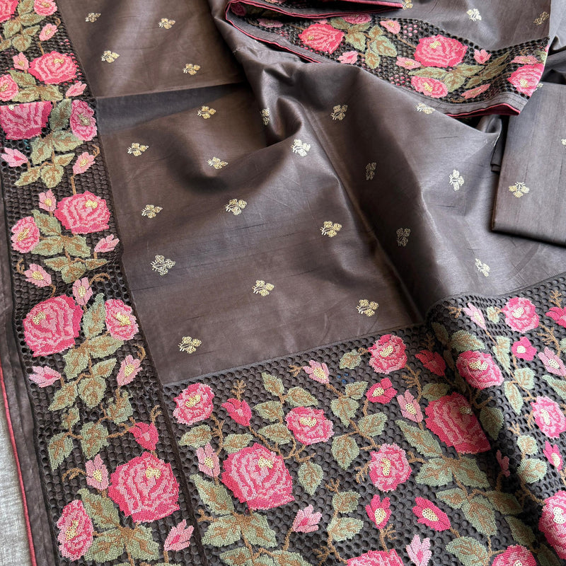 Pure Tussar Silk Saree with Multi-Thread Embroidery