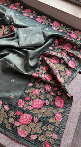 Pure Tussar Silk Saree with Multi-Thread Embroidery