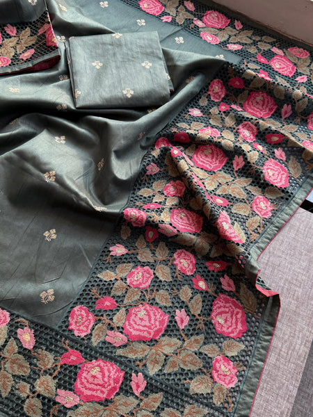 Pure Tussar Silk Saree with Multi-Thread Embroidery
