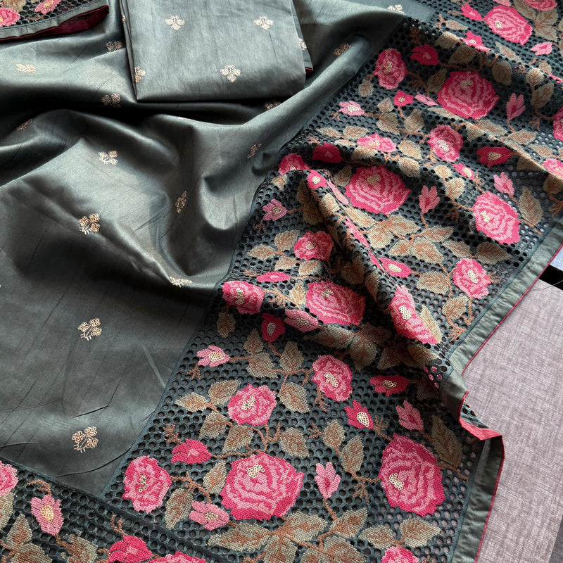 Pure Tussar Silk Saree with Multi-Thread Embroidery