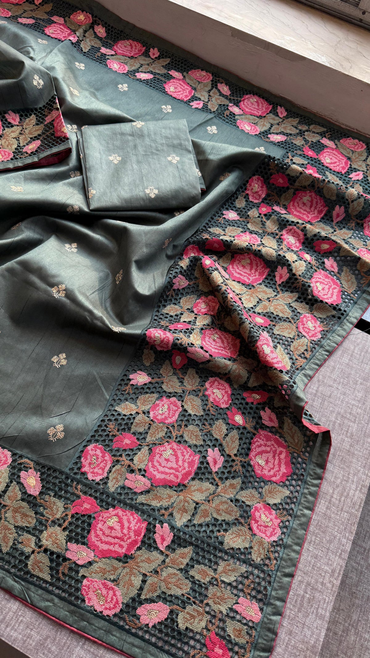 Pure Tussar Silk Saree with Multi-Thread Embroidery