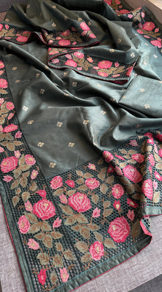 Pure Tussar Silk Saree with Multi-Thread Embroidery