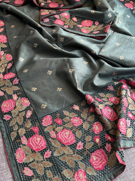 Pure Tussar Silk Saree with Multi-Thread Embroidery