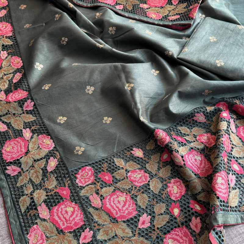 Pure Tussar Silk Saree with Multi-Thread Embroidery