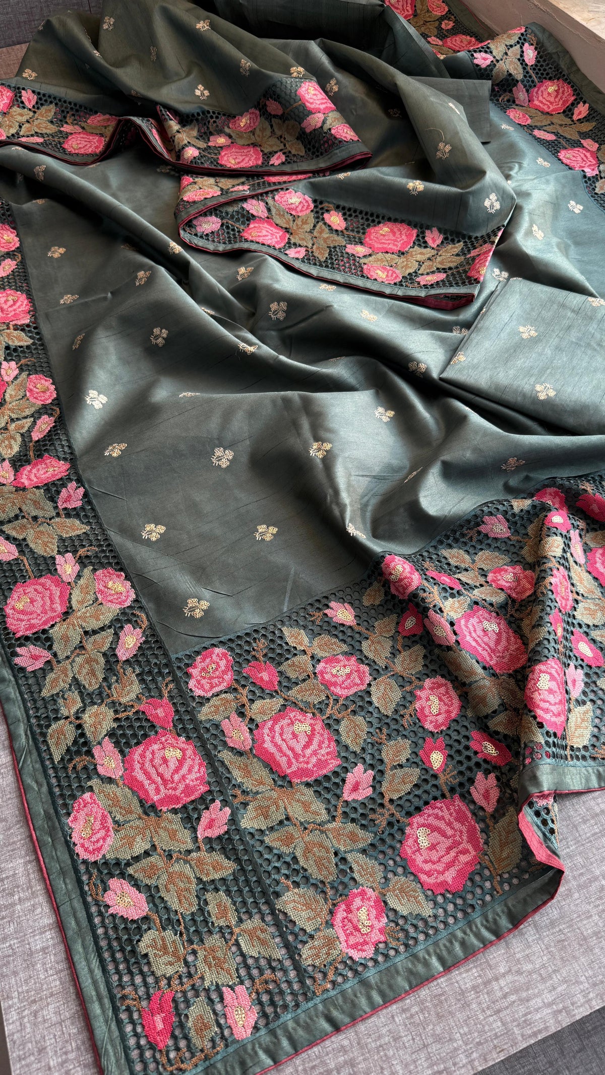 Pure Tussar Silk Saree with Multi-Thread Embroidery