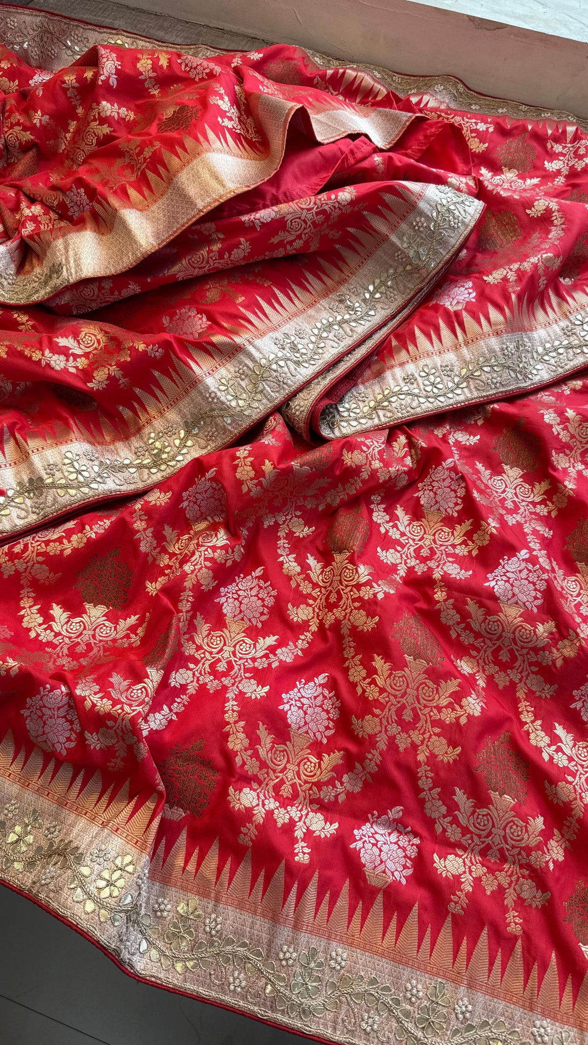 Pure Katan Silk Banarasi Saree with Zardozi, Sequins, Pearl &amp; Gotta Patti Hand Embroidery – Regal Red