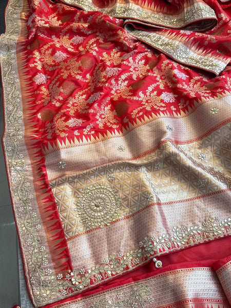 Pure Katan Silk Banarasi Saree with Zardozi, Sequins, Pearl & Gotta Patti Hand Embroidery – Regal Red