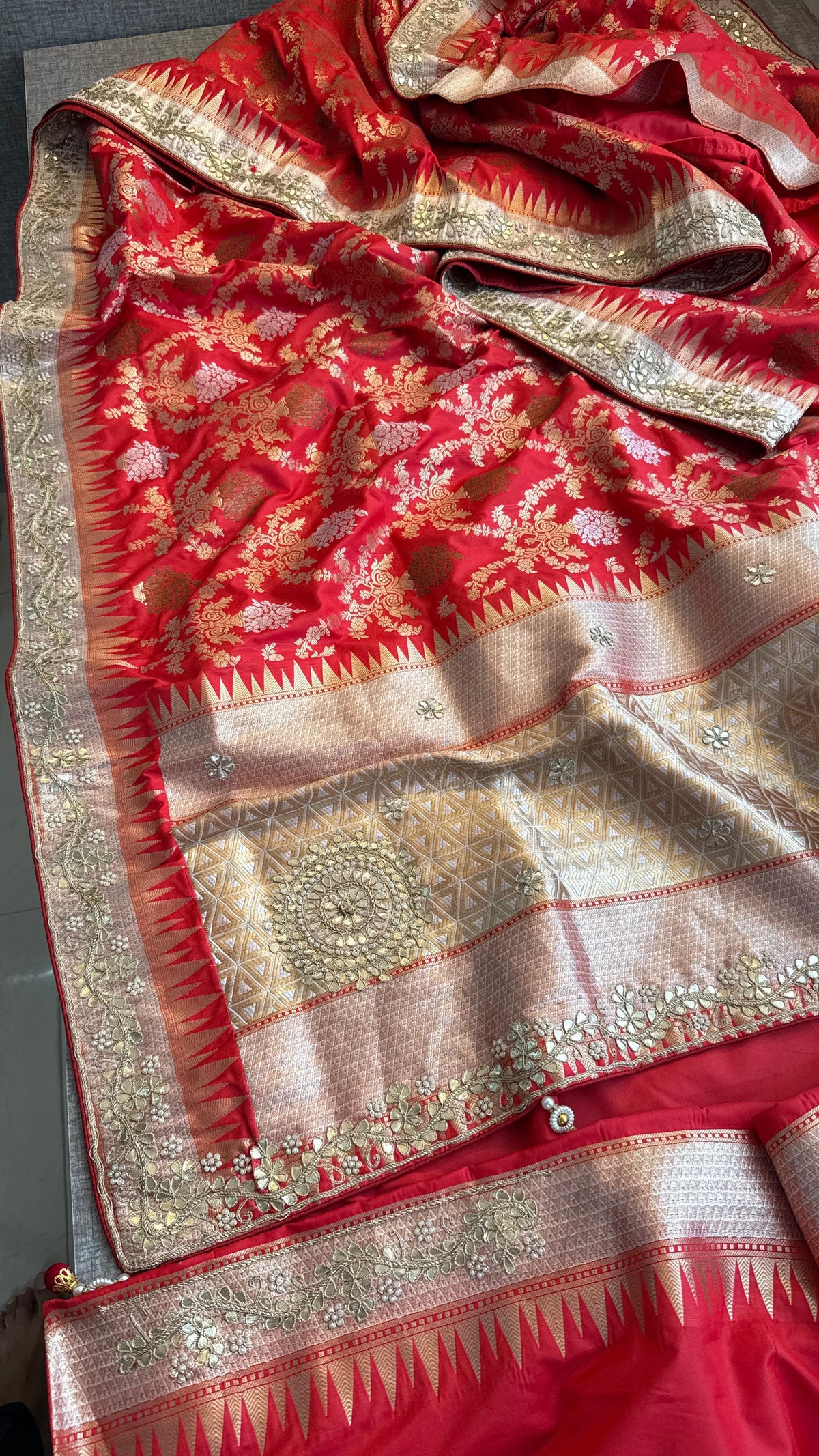 Pure Katan Silk Banarasi Saree with Zardozi, Sequins, Pearl &amp; Gotta Patti Hand Embroidery – Regal Red