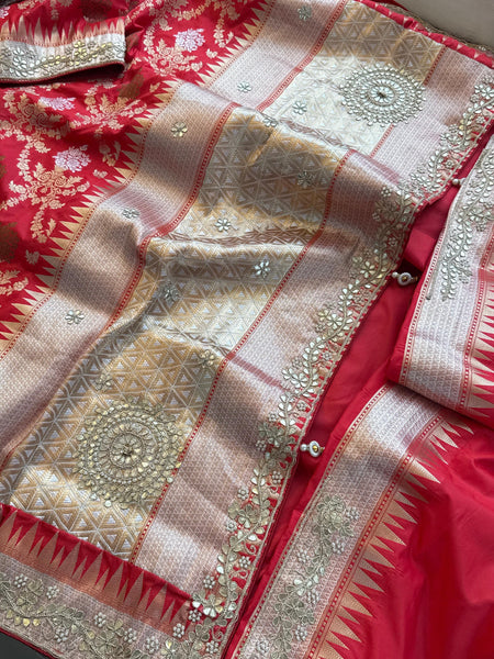 Pure Katan Silk Banarasi Saree with Zardozi, Sequins, Pearl & Gotta Patti Hand Embroidery – Regal Red