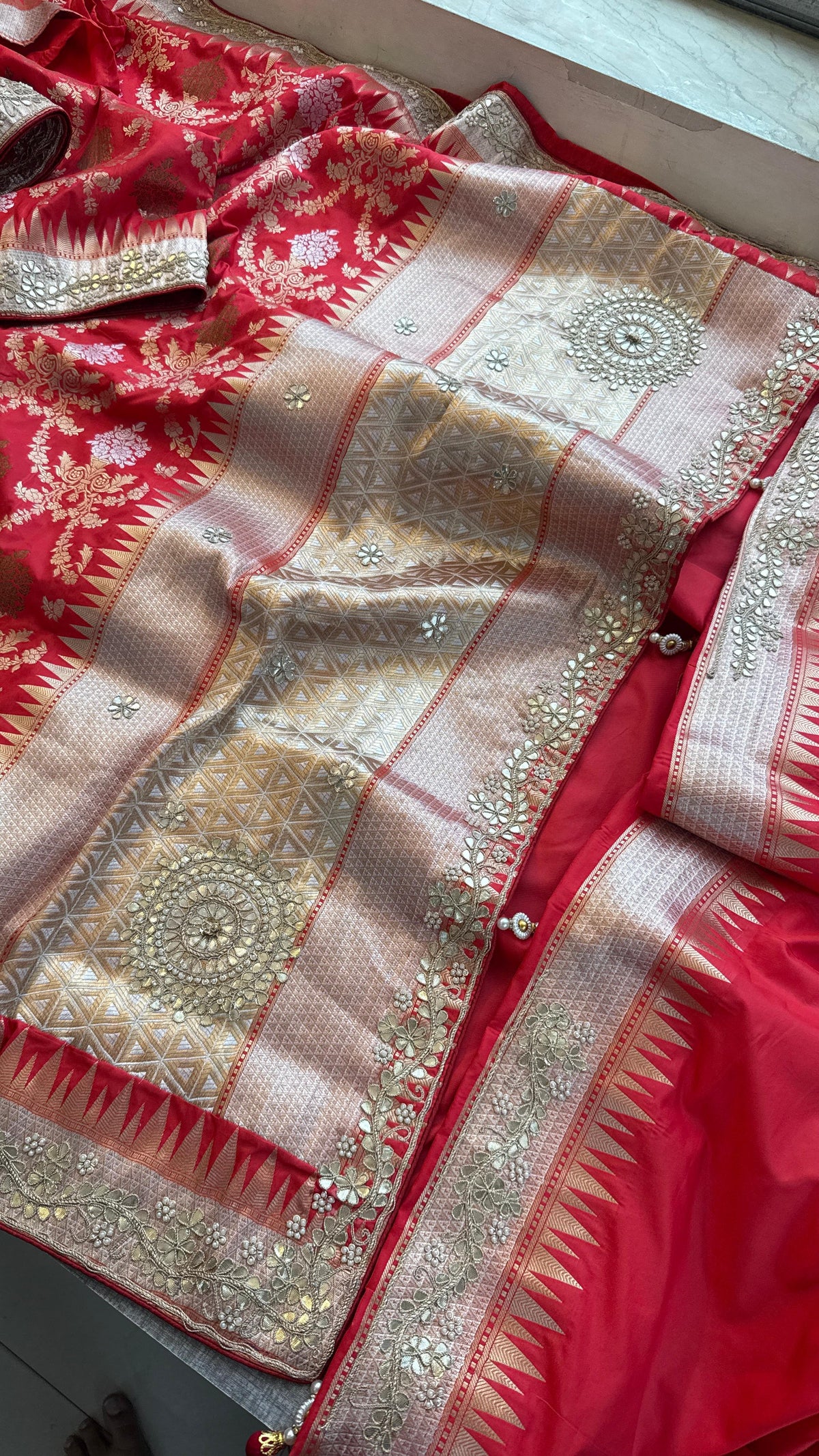 Pure Katan Silk Banarasi Saree with Zardozi, Sequins, Pearl &amp; Gotta Patti Hand Embroidery – Regal Red