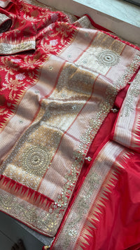 Pure Katan Silk Banarasi Saree with Zardozi, Sequins, Pearl &amp; Gotta Patti Hand Embroidery – Regal Red