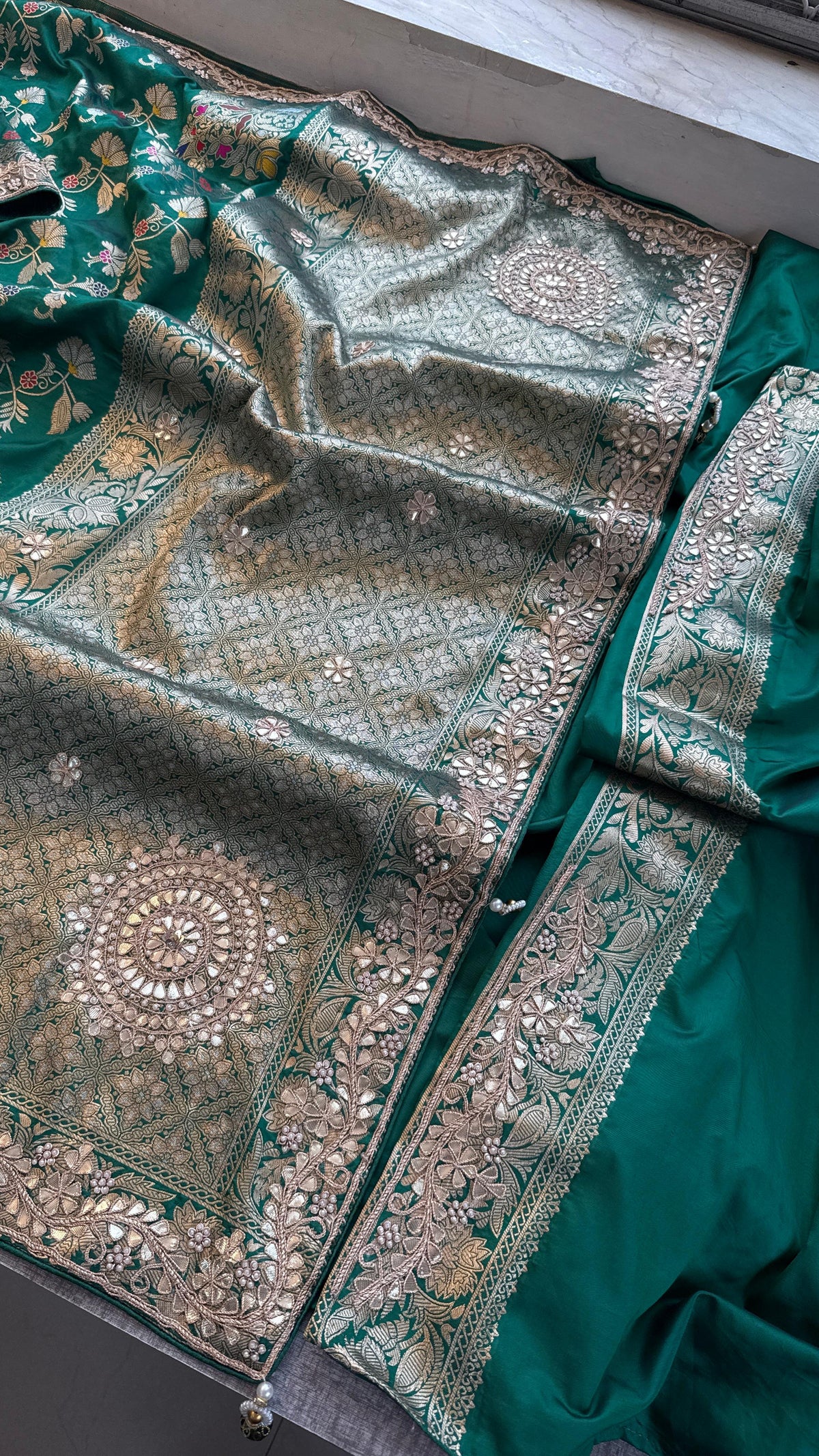 Pure Katan Silk Banarasi Saree with Zardozi Sequins Pearl and Gotta Patti Hand Embroidery