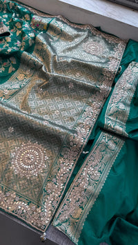 Pure Katan Silk Banarasi Saree with Zardozi Sequins Pearl and Gotta Patti Hand Embroidery