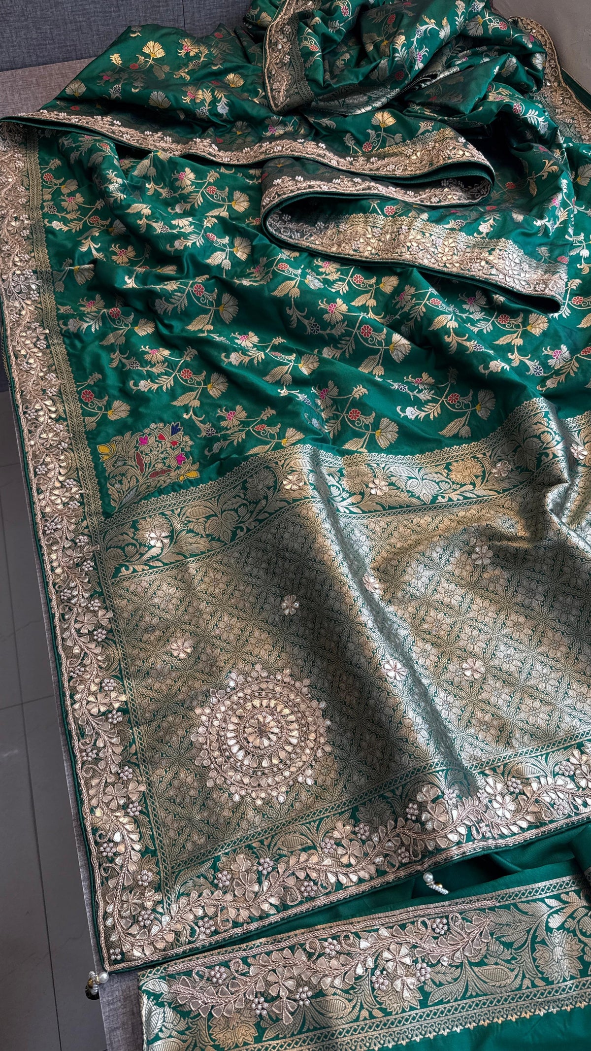Pure Katan Silk Banarasi Saree with Zardozi Sequins Pearl and Gotta Patti Hand Embroidery