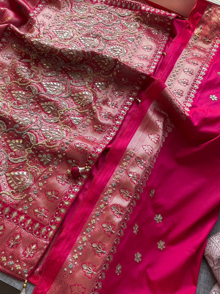 Rose Coral Pure Soft Munga Silk Meena Banarasi Saree with Handcrafted Zardozi Gotapatti Pearl and Sequin Embroidery