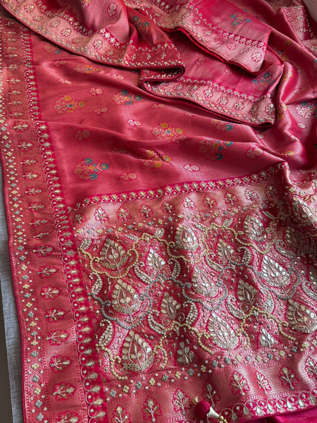 Rose Coral Pure Soft Munga Silk Meena Banarasi Saree with Handcrafted Zardozi Gotapatti Pearl and Sequin Embroidery