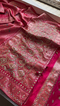 Rose Coral Pure Soft Munga Silk Meena Banarasi Saree with Handcrafted Zardozi Gotapatti Pearl and Sequin Embroidery