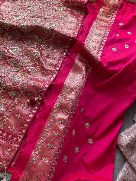 Rose Coral Pure Soft Munga Silk Meena Banarasi Saree with Handcrafted Zardozi Gotapatti Pearl and Sequin Embroidery