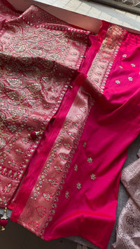 Rose Coral Pure Soft Munga Silk Meena Banarasi Saree with Handcrafted Zardozi Gotapatti Pearl and Sequin Embroidery
