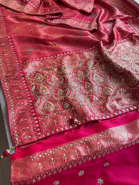 Rose Coral Pure Soft Munga Silk Meena Banarasi Saree with Handcrafted Zardozi Gotapatti Pearl and Sequin Embroidery