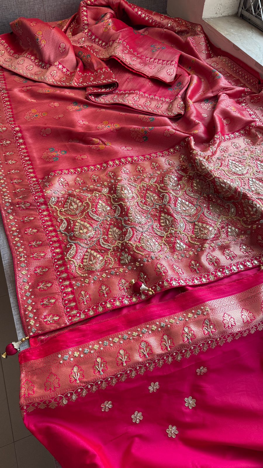 Rose Coral Pure Soft Munga Silk Meena Banarasi Saree with Handcrafted Zardozi Gotapatti Pearl and Sequin Embroidery