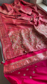 Rose Coral Pure Soft Munga Silk Meena Banarasi Saree with Handcrafted Zardozi Gotapatti Pearl and Sequin Embroidery