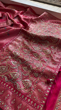 Rose Coral Pure Soft Munga Silk Meena Banarasi Saree with Handcrafted Zardozi Gotapatti Pearl and Sequin Embroidery