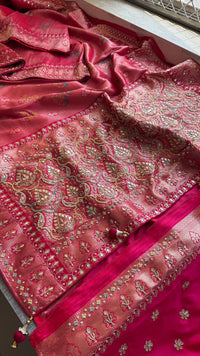 Rose Coral Pure Soft Munga Silk Meena Banarasi Saree with Handcrafted Zardozi Gotapatti Pearl and Sequin Embroidery