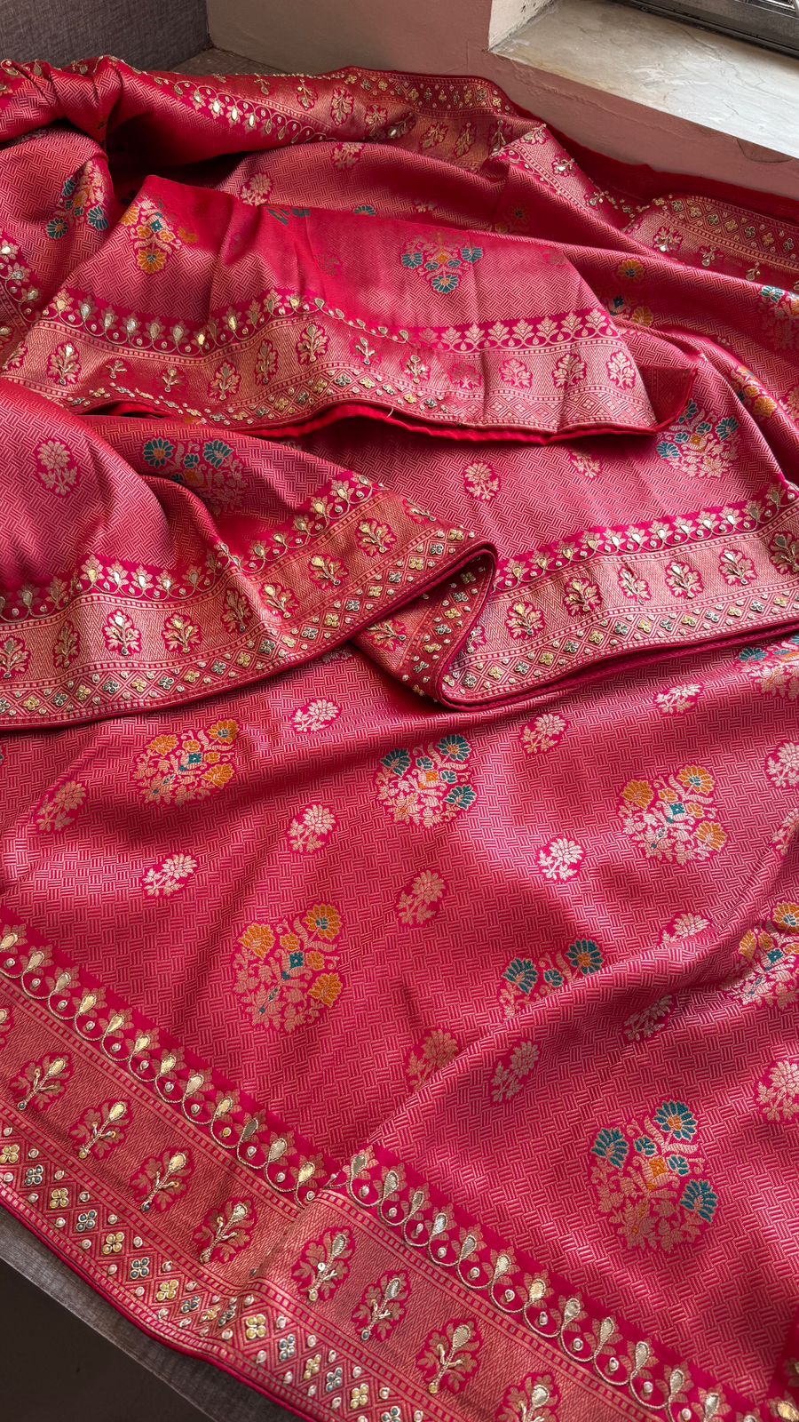 Rose Coral Pure Soft Munga Silk Meena Banarasi Saree with Handcrafted Zardozi Gotapatti Pearl and Sequin Embroidery