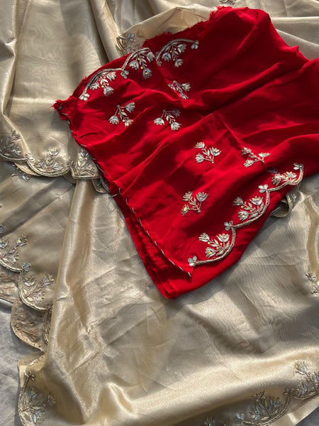 Pure Soft Tissue Silk Saree with Red Velvet Blouse and Zardozi Hand Embroidery