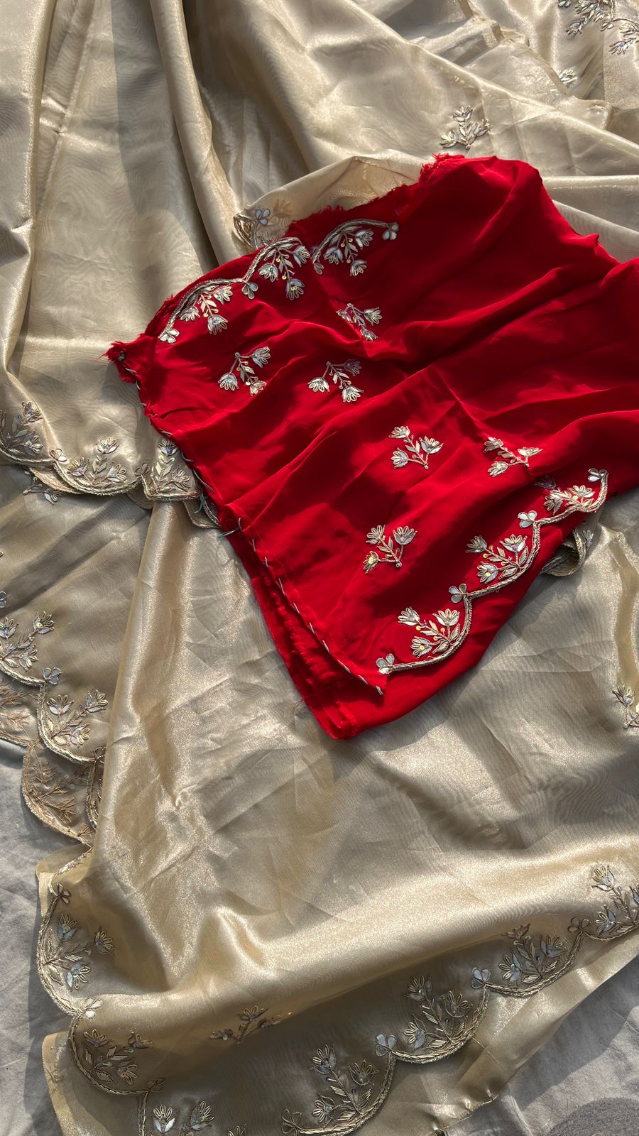 Pure Soft Tissue Silk Saree with Red Velvet Blouse and Zardozi Hand Embroidery