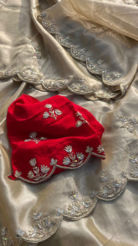 Pure Soft Tissue Silk Saree with Red Velvet Blouse and Zardozi Hand Embroidery