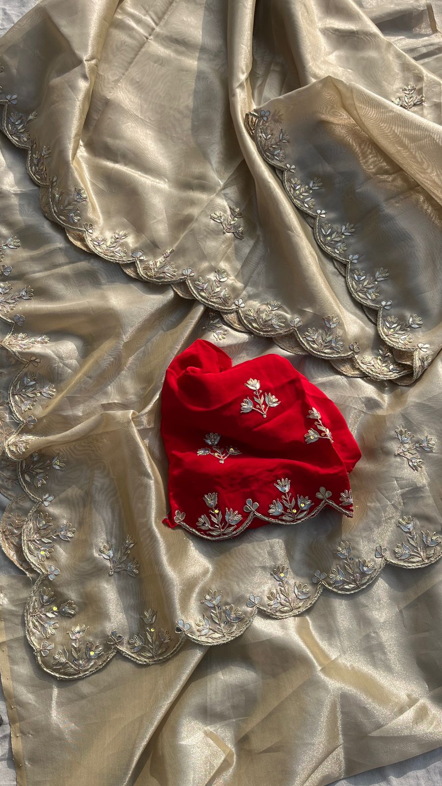 Pure Soft Tissue Silk Saree with Red Velvet Blouse and Zardozi Hand Embroidery