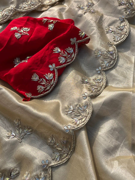 Pure Soft Tissue Silk Saree with Red Velvet Blouse and Zardozi Hand Embroidery