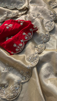 Pure Soft Tissue Silk Saree with Red Velvet Blouse and Zardozi Hand Embroidery