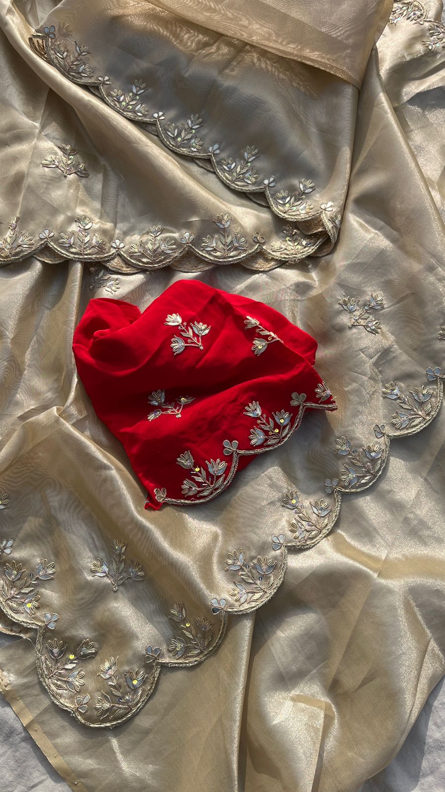 Pure Soft Tissue Silk Saree with Red Velvet Blouse and Zardozi Hand Embroidery
