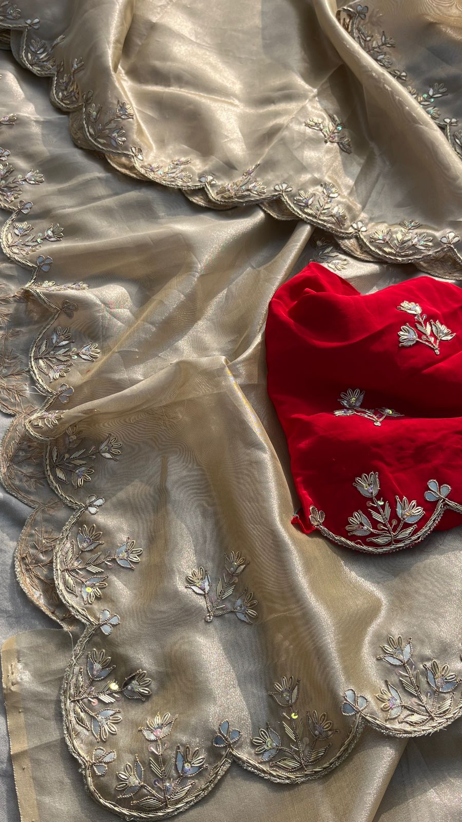 Pure Soft Tissue Silk Saree with Red Velvet Blouse and Zardozi Hand Embroidery